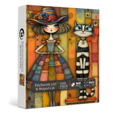 Puzzle patchwork con ragazza e gatto a strisce, 1000 pezzi