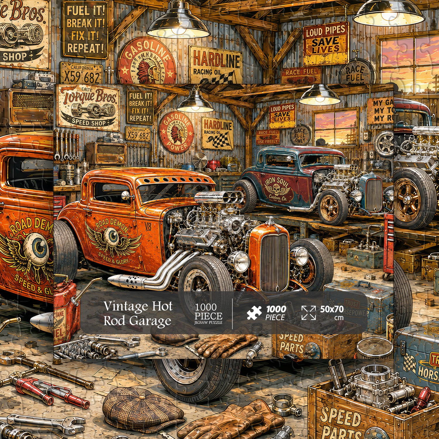 Rompecabezas Vintage Hot Rod Garage, 1000 piezas