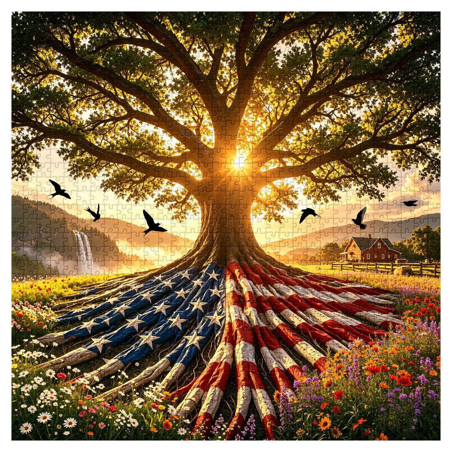 Flag Roots Sunset Oak Rompecabezas de 1000 piezas