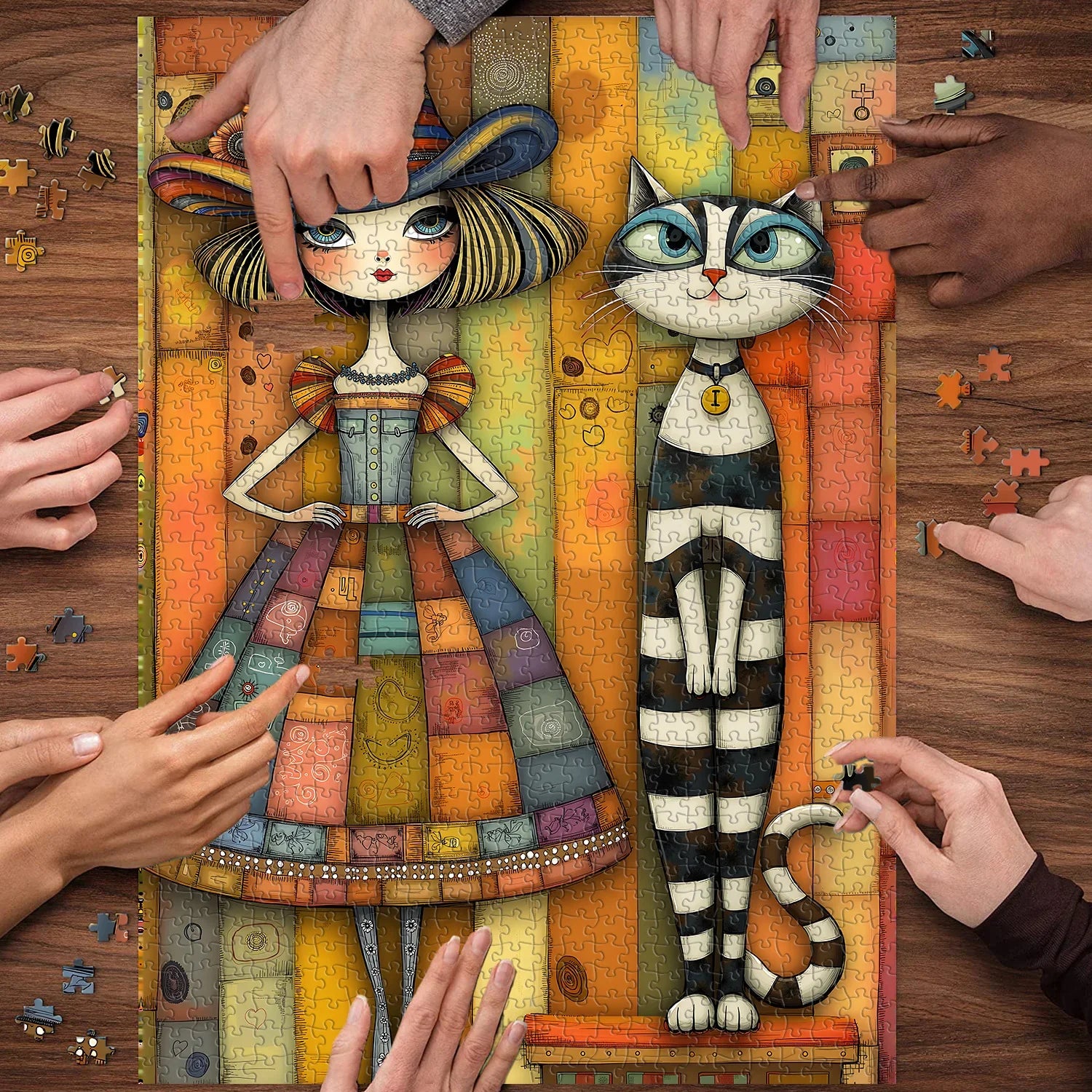 Patchwork Girl & Striped Cat Jigsaw Puzzle 1000 Pieces